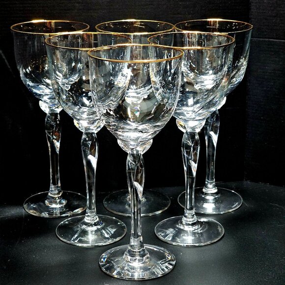 6 Lenox Unity Gold Wine Glasses 7.5" USA crystal goblets twisted stem marked 198 - Picture 1 of 10